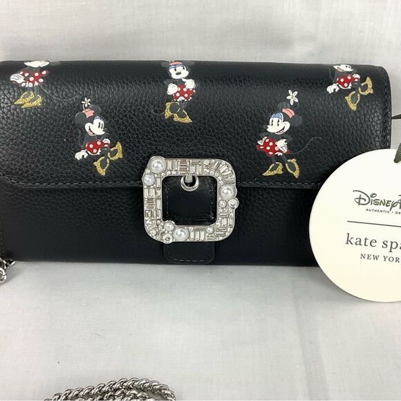 Kate Spade Minnie Mouse Clutch Crossbody Handbag Black Leather New Disney Parks - Picture 3 of 10